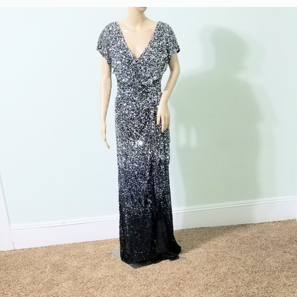 Parker sequin black silver long dress gown size 4